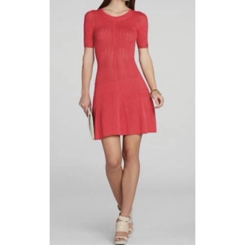 BCBGMAXAZRIA Pink Knit Fit Flare Dress XXS Short Sleeve Open Knit Mini